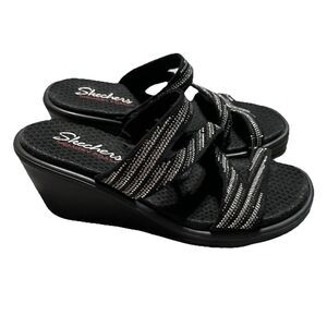 Skechers Memory Foam Rumblers Mega Flash Rhinestone Strappy Wedge Sandals 7 Blk